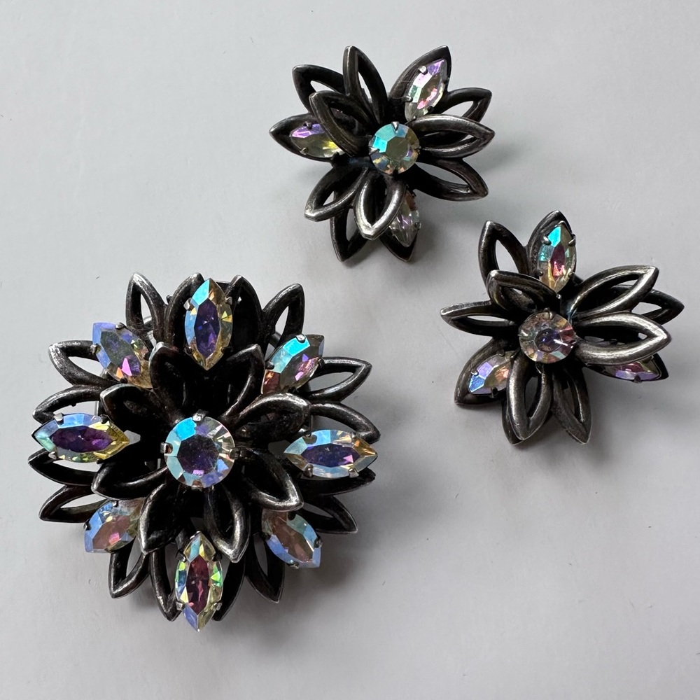 1950s Christian Dior Aurora Borealis Demi Parure of Brooch Clip and Earrings